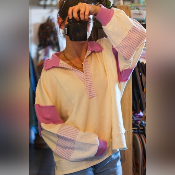 Boho French Terry Colorblock Sweater Oversized Lavender BucketList S/M/L NWT - Picture 8 of 9